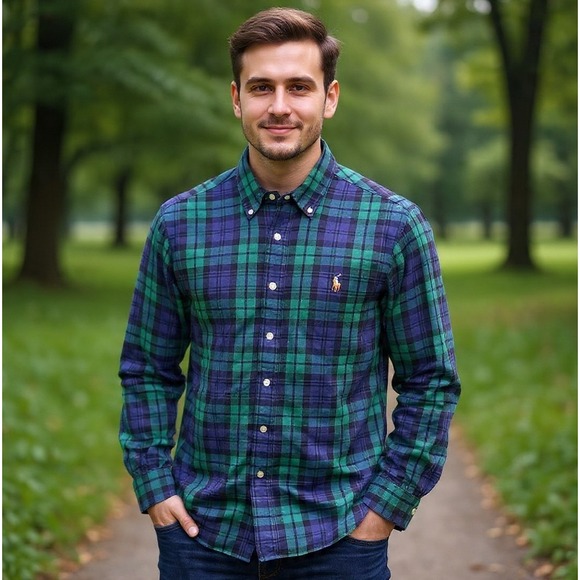Polo Ralph Lauren Flannel Black Watch Plaid Logo Pony Shirt Classic Fit Men's S